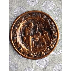Vintage Pressed Copper Wall Plate | Hunter Dog Duck | Acorn Cottage Core